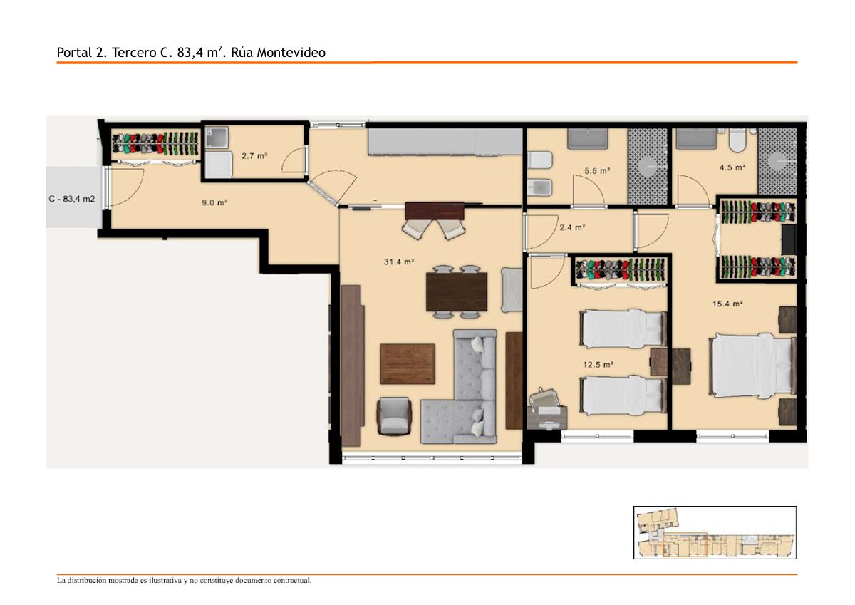 3854-D - Frente a María Balteira. 83,4 m². 3 C, 2 dormitorios